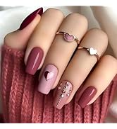 Valentines Press on Nails Medium Coffin Fake Nails Glossy Glue on Nails Pink Heart False Nails wi...