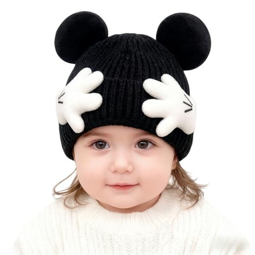 ZGMYC Warm Cotton Lined Baby Beanie Hat Cute Mouse Ears Knitted Winter Hats Funny Paws Beanies for Toddler Boys Girls