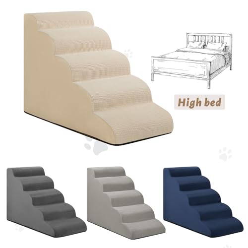 Image of Aodisman Dog Stairs for High Bed,5-Step Pet Ramp for Small Dogs and Cats | 22.2 inch H Dog Steps for Bed with High-Density Foam, Help Olders,Short-Legged Dogs,Puppy and Cats Get on Beds Easily,Grey,Beige