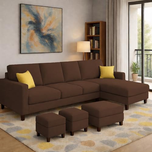 Image of Casaliving Rolando Seater L Shape Sofa Set for Living Room Left Side (Brown, 6 Seater with Ottomon - RHS)