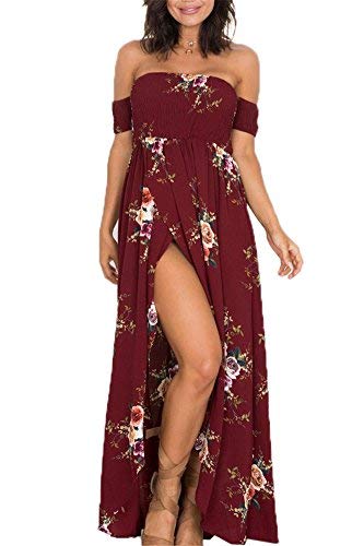 Mescara Robe d'été/de plage pour femme Robe en mousseline de soie à motif floral avec épaules dénudées et fente avant - Rouge - X-Large Cover
