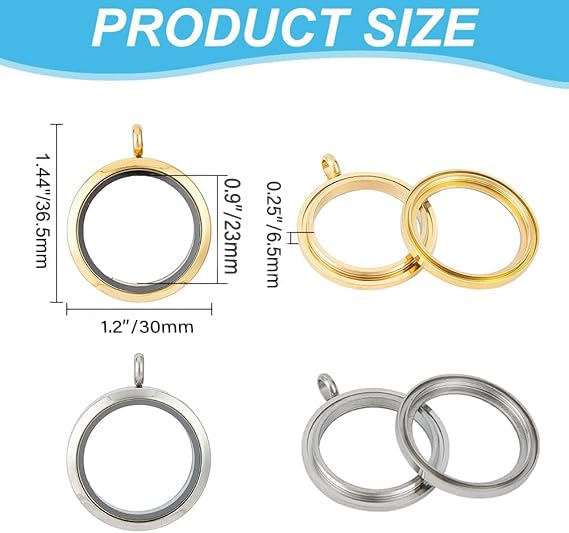 DELORIGIN 4pcs Photo Locket Charms Necklace 2 Color Round Stainless Steel Locket Pendants Crystal Double-Sided Picture Frame Memory Locket Charm with 17.7inch Chain for Wedding Jewellery Making Photo - Image 2