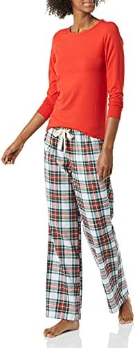 Amazon Essentials Women's Lightweight Flannel Pant and Long-Sleeve T-Shirt Sleep Set (Available in Plus Size), Red, Tartan, X-Small