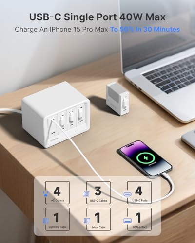 Image of Gitryin 12-in-1 Desktop Charging Station with 3 Retractable Type-C Charger Blocks, 1 Micro and 1 Lightning Charger, 4 USB C Ports, 160W Fast Charging Hub with 33.5in Cable for Multiple Devices, White
