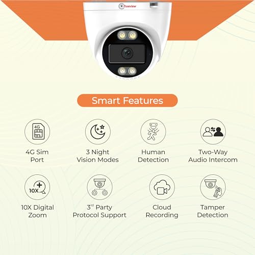 Image of Trueview 3MP 4G Dome Security Camera | All Time Color Night Vision | 4G SIM Support | Human Detection | Two Way Audio | Supports Upto 256GB Memory Card | STQC Approved