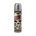 LDIYEU Crâne De Pirate d'art De Bois Thermos Café 500 ML Isolée sous Vide Isothermes en Acier Inoxydable d'emballage en Cuir Bouteille d'eau Isotherme Tasse