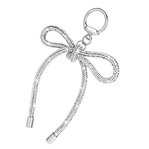 Mabor Pendentif de sac en argent, pendentif de sac en forme de nœud Y2k avec strass - Porte-clés pour femme - Nœuds mignons - Strass - Sacs - Breloques nœud - Porte-clés pour téléphone portable