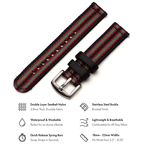 Benchmark Basics Black/Red/Green Striped 20Mm Quick Release Watch Band - Premium Waterproof Seatbelt Nylon Watch Straps For Men And Women - Compatible With Regular & Smart Watches #TOP1