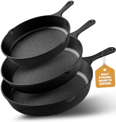 Utopia Kitchen Cast iron Skillets 3 Piece Set, Chefs Pan, Pre Seasoned Cast iron Skillets, 6, 8 & 10 Inches, Easy Use in the Oven, Stove, Grill, or Campfire, Black
