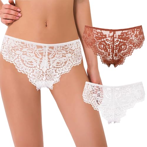 Image of Curve Muse Women's Tanga Thongs Hipsters Underwear Floral Lace Panties-2 Pack, Cream,rust (2 Pack), S