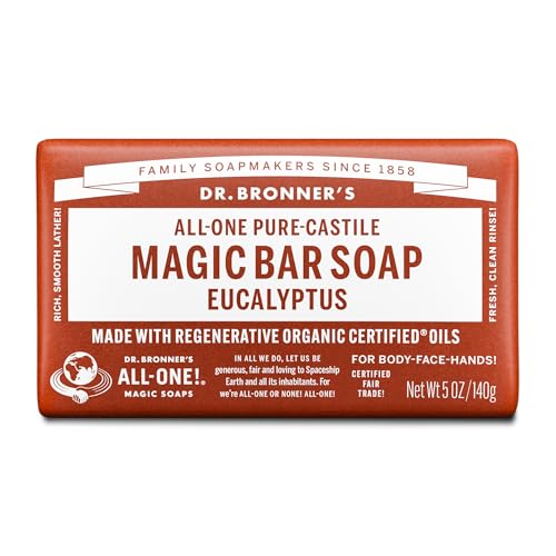 Dr Bronner's 3-in-1 Eucalyptus Pure Castile Bar Soap, Made with Organic Oils and No Synthetic Preservatives. Used for Face, Body and Hair, Certified Fair Trade & Vegan Friendly, 140g Bar