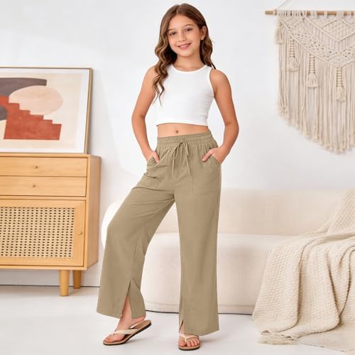 Image of Girls Linen Pants Wide Leg School Uniform Pants Cozy Elastic Waist Summer Casual Beach Lounge Trousers with Pockets