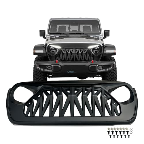 Front Bumper Upper Shark Grille Compatible with 2018-2025 Jeep Wrangler JL JLU & Gladiator JT w/o TrailCam Matte Black ABS Replacement Radiator Grill