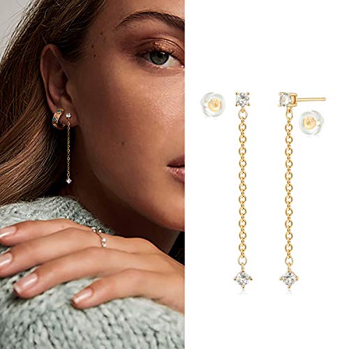 Myears Women Diamond Earrings Gold Stud Chain Cubic Zirconia Dangle Drop 14K Gold Filled Small Simple Handmade Hypoallergenic Everyday Jewelry #TOP2