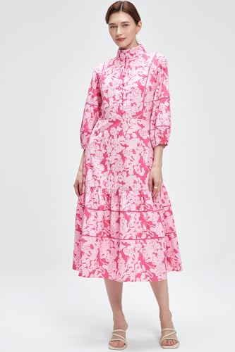 Image of D-Sun Women Floral Maxi Dress Elegant Printed Button Down 3 /4 Puff Sleeve Tiered A-Line Flowy Party Long Dress with Pocket