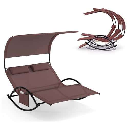 KOMFOTTEU Transat à Bascule pour 2 Personnes, Bain de Soleil Double, Charge 300 kg, Lit de Jardin avec Pare-Soleil & Appui-tête, Largeur de 119cm, pour...