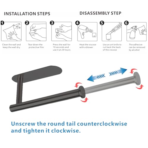 Porte-Essuie-Tout Auto-Adhésif ou Perforé DIYZON, Support Mural en Acier Inoxydable SUS304 pour Cuisine et Salle de Bain, Porte-Rouleau de Papier à Longueur Réglable (Noir) – vue 4