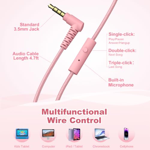 Image of AILIHEN I35 Kids Headphones for School with Mic, 93dB Volume Limited, Pink | Wired On Ear Headphones for Kids Girls, Foldable Lightweight Headphone for Classroom Learning & Entertainment Travel Computer