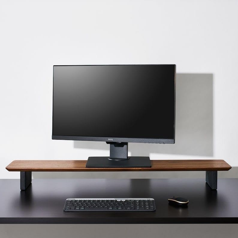 carpentray Wooden Computer Long Monitor Stand, Monitor Riser Desk Shelf Desktop Legs Stand TV Laptop Riser with Keyboard Storage Desk (Walnut (80cm, Black Legs)