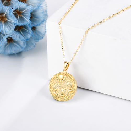 ELFRONT 14K Gold Sunflower Necklace 14K Solid Yellow Gold Coin Sunflower Pendant Necklace Gold Sunflower Flower Jewelry for Women Gifts2