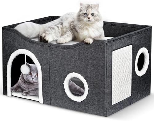 Heeyoo Cat House for Indoor Cats – Large Cat Bed Cave with Fluffy Ball and Scratch Pad, Foldable Cat Houses & Condos, Cat Cubes, Cat Hideaway, Covered Cat Bed for Multi Small Pet Large Kitty
