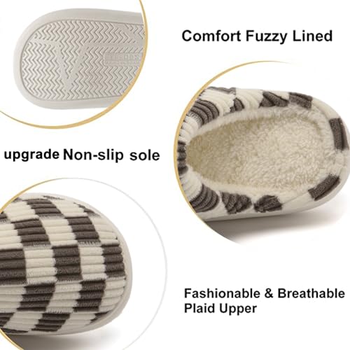 Image of Yueerlu House Slippers for Women Men, Fuzzy Checkered Mens Womens Slippers Warm Memory Foam House Shoes Indoor Outdoor with Faux Fur Lining