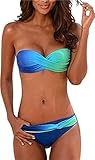 Womens Halterneck Strapless Bandeau Twist Push Up Tie Dye Bikini Set Swimsuit(Blue/Green,L 14-16UK)