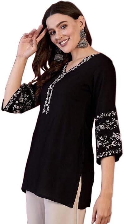 MAHIRA'S Comfort Rayon Women's Short Kurti | V-Neck Tunic Top with 3/4 Floral Embroidery Designer Sleeves | Office Wear Comfortable, Soft Fabric Kurta for Jeans, Leggings & Trousers- Black (L)