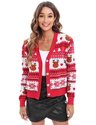 Women's Ugly Christmas Sweater Cardigan Reindeer Knitted Snowflake Coat #TOP2