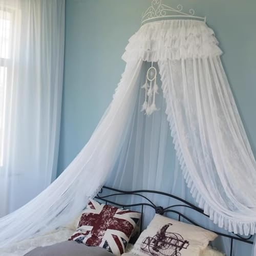 GJMSSMY Dosel de Encaje para Cama, Cortina de Cama de Princesa con Corona metálica de Pared, mosquitera Decorativa para Patio, Dosel de Doble Capa para rincón de Lectura en el Dormitorio.