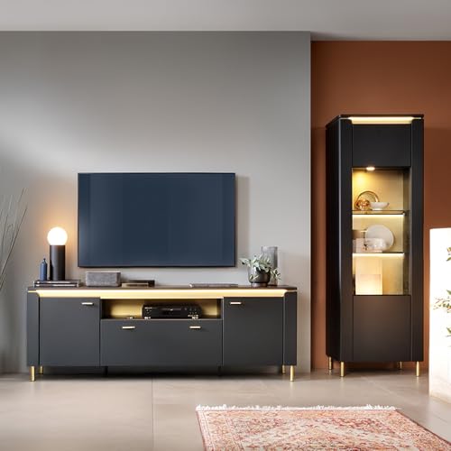 Lomadox Wohnwand 2-teilig in schwarz matt mit goldenen Akzenten
