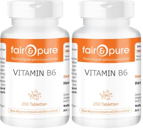 Fair & Pure® - Vitamina B6 22,5mg - Piridoxina HCl - Vegana - 250 Comprimidos (Paquete de 2)