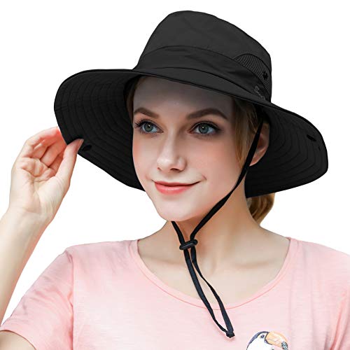 Muryobao Womens Outdoor Sun Hat Ponytail Uv Protection Wide Brim Mesh Foldable Safari Beach Fishing Bucket Cap 2 Pack Black & Grey #TOP1