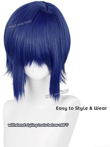 Image of Half and Half Short Dark Blue Anime Cosplay Wig for Men Deep Blue Virtual Singer Male Costume Wigs with Bangs for Women Unisex Halloween Party