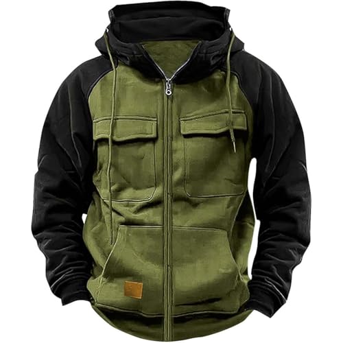Generisch Sudadera con capucha de punto para hombre, informal, a la moda, con cremallera y manga larga, con capucha para hombre, verde, L