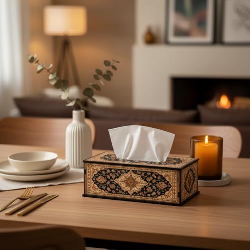 Image of Royal Beige Navy Persian Pattern Tissue Box Holder Decorative Wooden Tissue Box Cover for Dining Table & Living Room 6.5x5x3 Inch