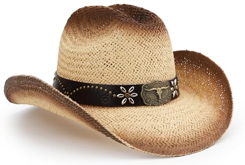Image of Straw Cowboy Hat, Western Cowgirl Hat, Wide Brim Sun Beach Hat for Men and Women