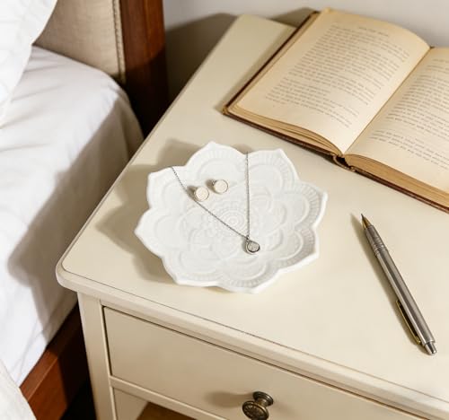 Image of Small White Mandala Trinket Dish Jewellery Dish Tray, Ceramic Decorative Ring Holder Dish, Gifts for Women, Bride Bridesmaid Gifts Birthday Christmas Wedding Valentines' Present