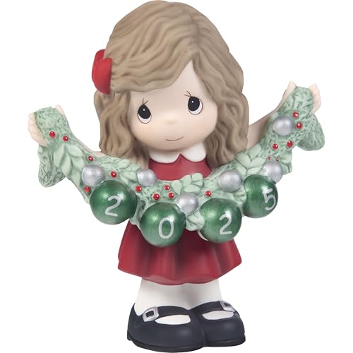 Image of Precious Moments Deck The Halls 2025 Dated Girl Bisque Porcelain Figurine – Red Dress & Garland – 251001