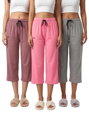 Image of Fflirtygo Women's Cotton Plain Calf Length Capri | Nightwear Pajama | 3 /4th Solid Pyjama Pant | Black Navy and Lavender Lounge Pants | Casual wear & Lounge Wear Capri Combo (Pack of 3)