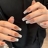 IMSOHOT Long Press on Nails Coffin Fake Nails Nude Fake Nails with Nail Glue Ballerina False Nails with Gradient Designs Glossy Stick on Nails Full Cover Acrylic Nails 24PCS