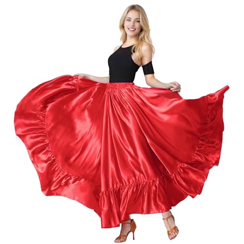 Baisdan Gonna da Donna in Raso con Volant per Danza del Ventre, Flamenco, Folklorica Messicana e Danza del Toro Spagnolo Rosso