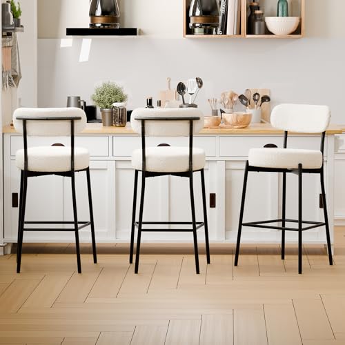 DYHOME Bar Stools Set of 3, White 28" Counter Height Bar Stools with Curved Back, Boucle Barstools with Metal Leg, Mid-Century Modern Bar Chairs for Kitchen Island, Dining Room