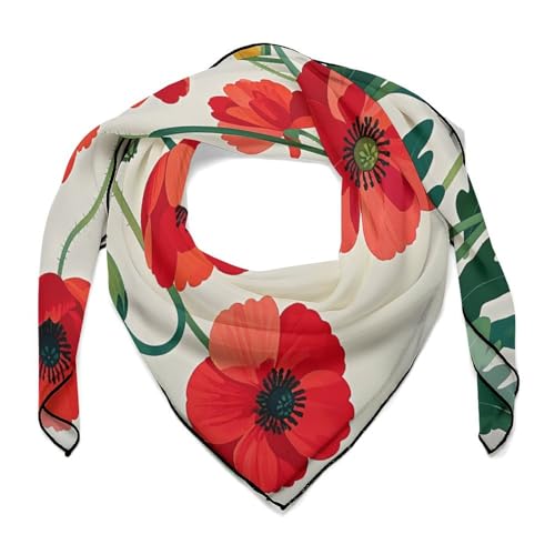 Silk Square Scarf Poppy Flowers Neck Scarf for Women Hair Scarf Lightweight Large Shawl Wrap Silk Scarves for Hair Wrapping Sleeping Silk Neckerchief Headscarf