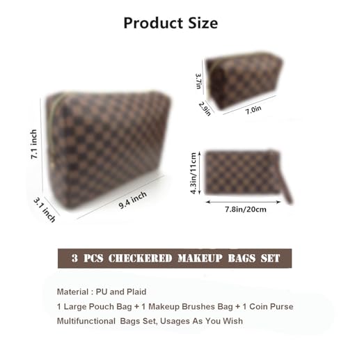bopomofo Brown Checkered Cosmetic Bag 3 Pack,1 Big Pouch,1 Makeup Brushes Holder, 1 Coin Purse,Portable Travel Makeup Bag Set Lightweight and Waterproof Storage Bag Organizer (Brown Checkered 3 Pcs)2