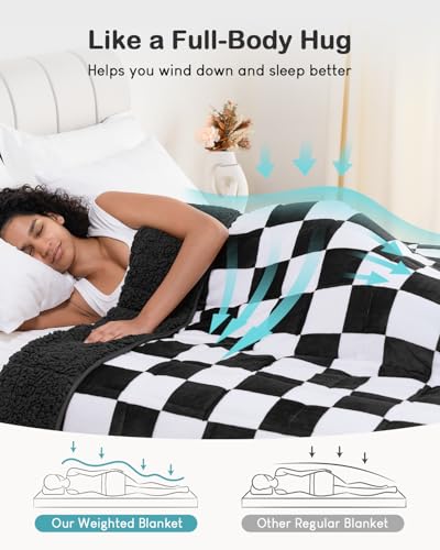 Weighted Blanket for Adults, 20lbs Sherpa Flannel Weighted Blanket Queen Size, Soft Fluffy Fleece Checkerboard Weighted Blankets for Calming and Relax, Plaid Black, 60" x 80"