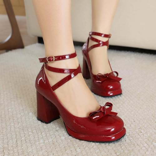 YIYA Women's Platform Mary Jane Shoes Pumps Heels Bow Lolita Platform Chunky Block High Heels Close Round Toe Ankle Buckle Strappy Cute Party Dress Shoes3