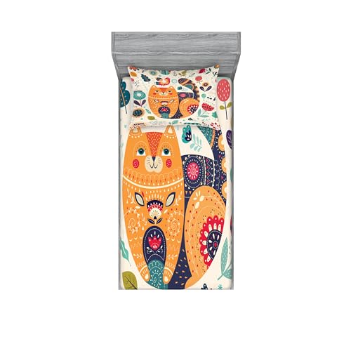 Ambesonne Paisley Fitted Sheet & Pillow Sham Set, Little Smiling Cheek Cat Animal Various Oriental Leaf Flower Artwork, Decorative Printed 2 Piece Bedding Decor Set, Twinxl, Orange Multicolor