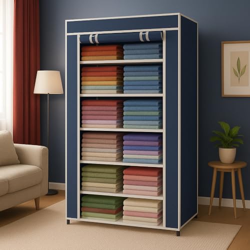 Image of BONTEC Collapsible Wardrobe 6 Shelves Storage Clothes Storage Rack Quick Wardrobe /Cabinet /Multipurpose Storage Rack, Foldable, Collapsible Fabric Organizer Cupboard for Bedroom (Blue, 6 Layer)