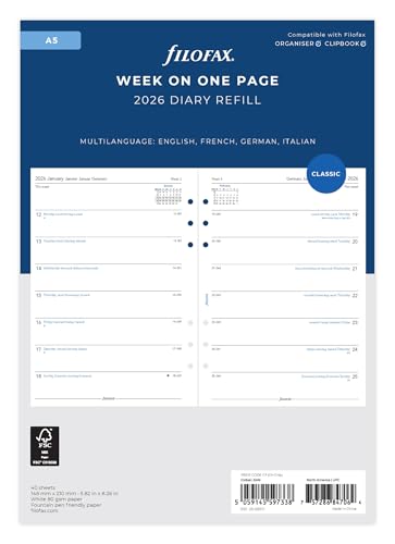 Filofax A5 week per page 4 language 2026 diary 26-68517